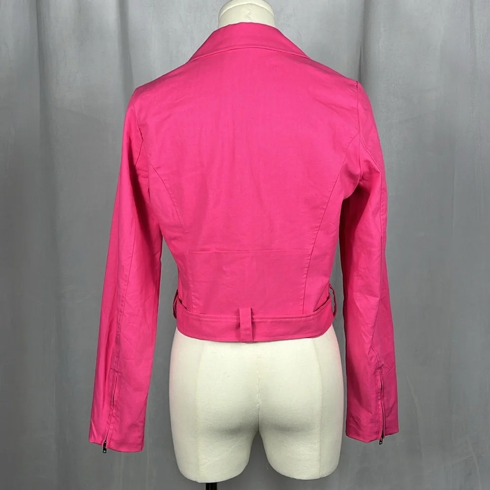 DOLAN for Anthropologie Cropped Linen Slim Moto Jacket in‎ Hot Pink.